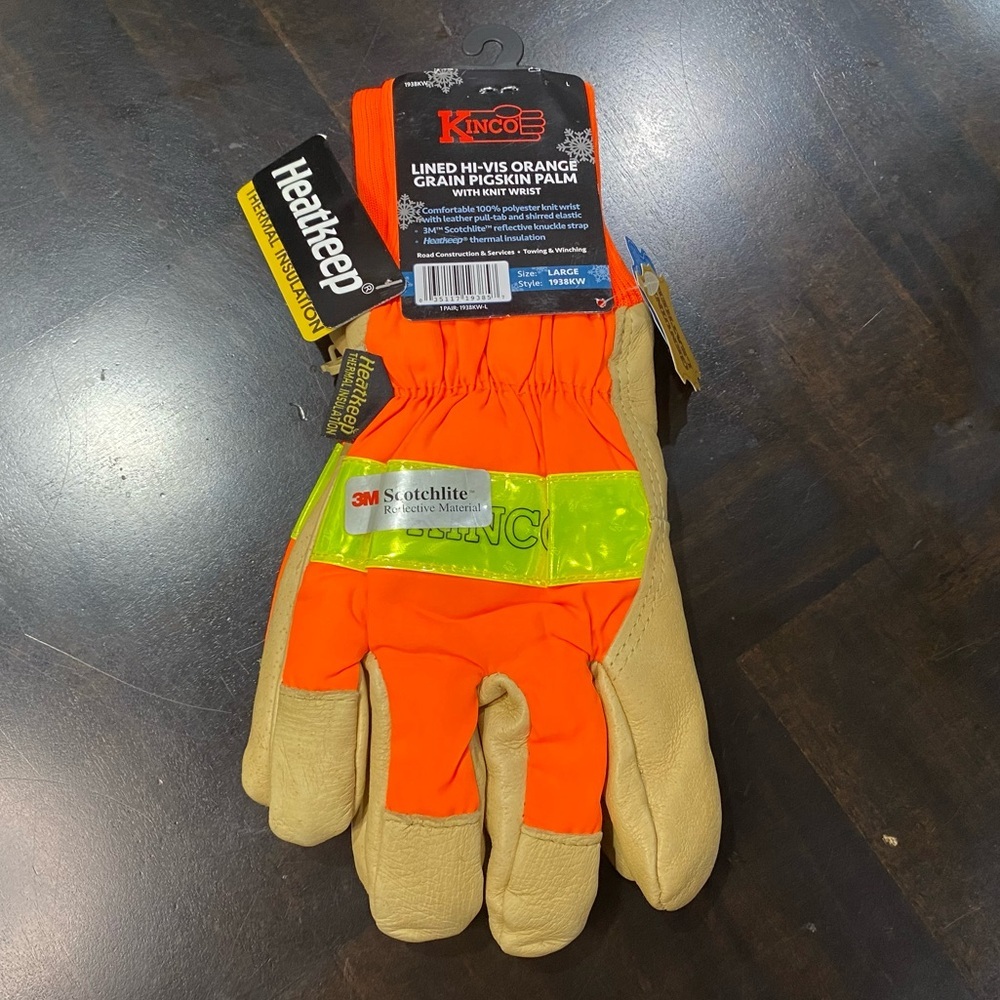 Kinco 1938KW Men's Hi-Vis Work Gloves Leather Thermal Safety Knit Wrist Sz Large
